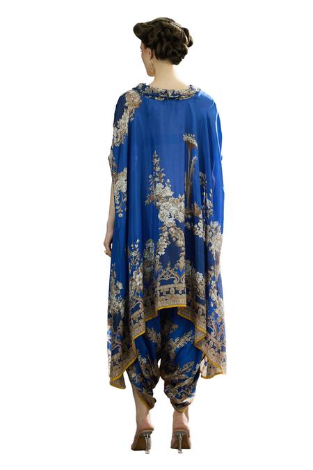 Buy Rajdeep Ranawat Blue Silk Embroidery Cowl Neck Laavanya Floral Print Tunic Buy_Rajdeep Ranawat_Blue Silk Embroidery Cowl Neck Laavanya Floral Print Tunic