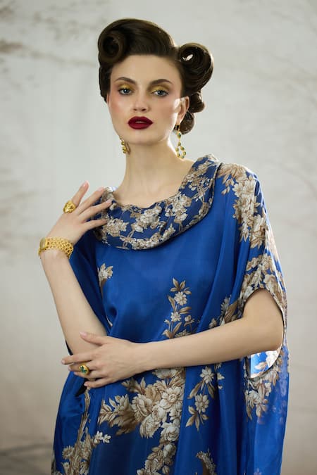 Shop Rajdeep Ranawat Blue Silk Embroidery Cowl Neck Laavanya Floral Print Tunic Shop_Rajdeep Ranawat_Blue Silk Embroidery Cowl Neck Laavanya Floral Print Tunic