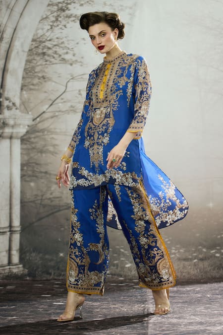 Rajdeep Ranawat Blue Silk Print Floral Collared Neck Baaka Asymmetric Hem Tunic
