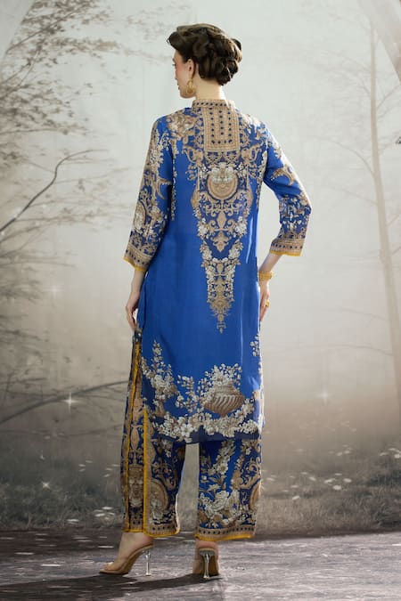 Shop_Rajdeep Ranawat_Blue Silk Embroidery Collared Baaka Asymmetric Hem Floral Print Tunic _at_Aza_Fashions