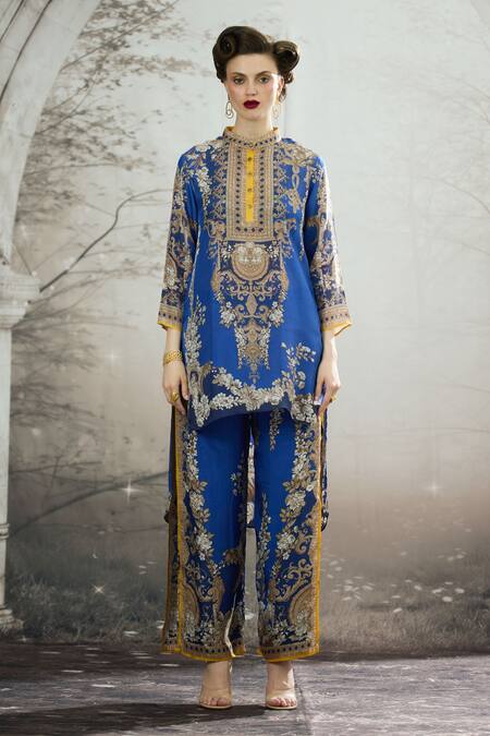 Rajdeep Ranawat_Blue Silk Embroidery Collared Baaka Asymmetric Hem Floral Print Tunic _Online_at_Aza_Fashions