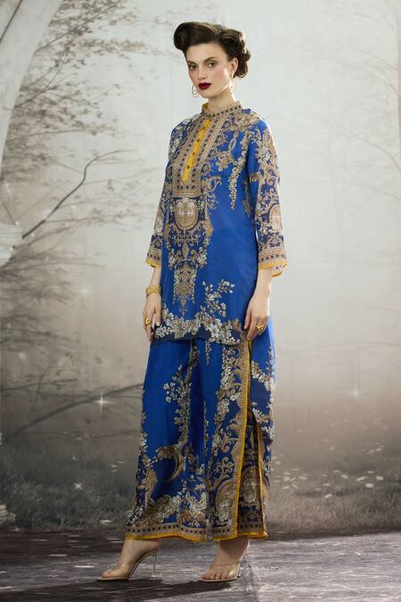 Shop_Rajdeep Ranawat_Blue Silk Embroidery Collared Baaka Asymmetric Hem Floral Print Tunic _Online_at_Aza_Fashions