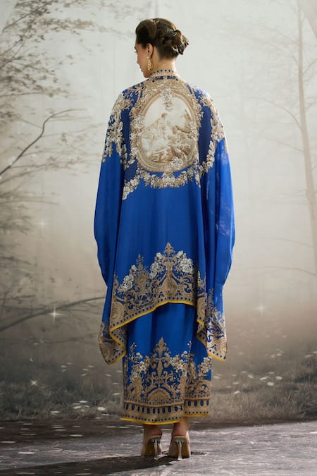 Shop_Rajdeep Ranawat_Blue Silk Embroidery Bandeau Neck Dakota Regal Floral Print Box Tunic _at_Aza_Fashions