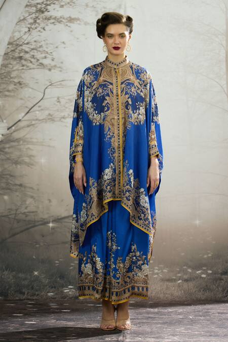 Rajdeep Ranawat_Blue Silk Embroidery Bandeau Neck Dakota Regal Floral Print Box Tunic _Online_at_Aza_Fashions