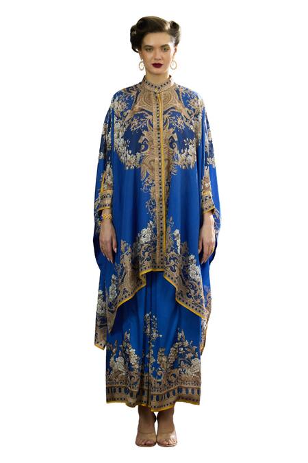 Buy_Rajdeep Ranawat_Blue Silk Embroidery Bandeau Neck Dakota Regal Floral Print Box Tunic _Online_at_Aza_Fashions
