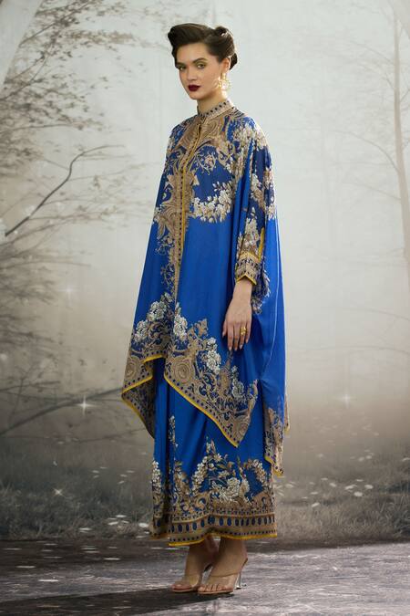 Shop_Rajdeep Ranawat_Blue Silk Embroidery Bandeau Neck Dakota Regal Floral Print Box Tunic _Online_at_Aza_Fashions