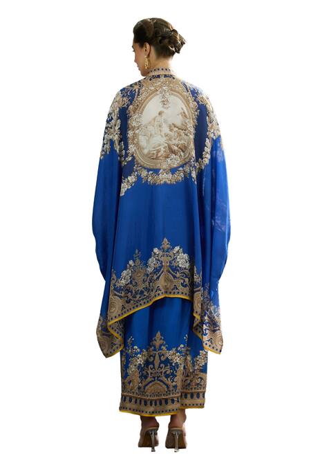 Rajdeep Ranawat_Blue Silk Embroidery Bandeau Neck Dakota Regal Floral Print Box Tunic _at_Aza_Fashions