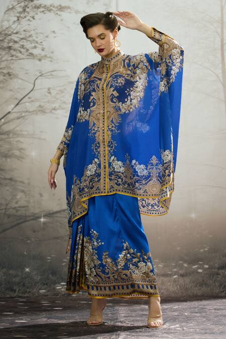 Buy_Rajdeep Ranawat_Blue Silk Embroidery Bandeau Neck Dakota Regal Floral Print Box Tunic 