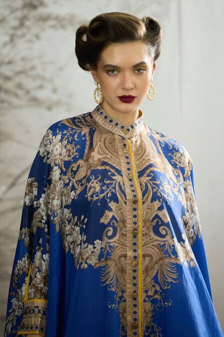 Shop_Rajdeep Ranawat_Blue Silk Embroidery Bandeau Neck Dakota Regal Floral Print Box Tunic 