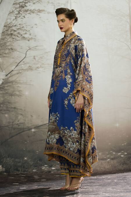 Shop_Rajdeep Ranawat_Blue Silk Collared Sharifa Regal Floral Print Kaftan _Online_at_Aza_Fashions
