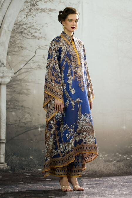 Rajdeep Ranawat_Blue Silk Collared Sharifa Regal Floral Print Kaftan _at_Aza_Fashions