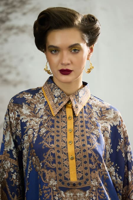 Shop_Rajdeep Ranawat_Blue Silk Collared Sharifa Regal Floral Print Kaftan 