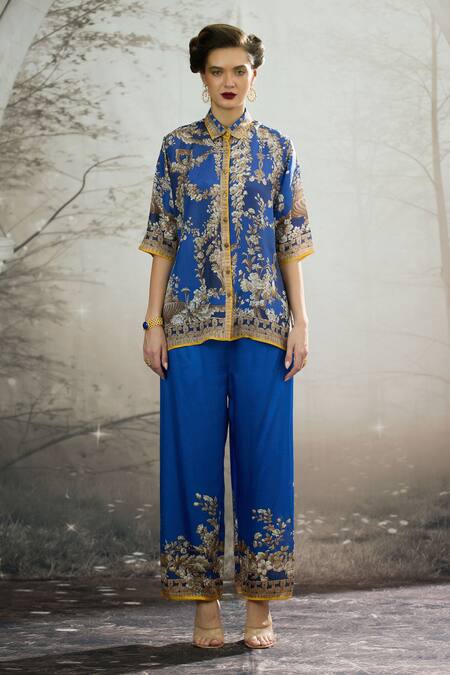 Rajdeep Ranawat_Blue Silk Collared Maizah Regal Floral Print Short Tunic _Online_at_Aza_Fashions
