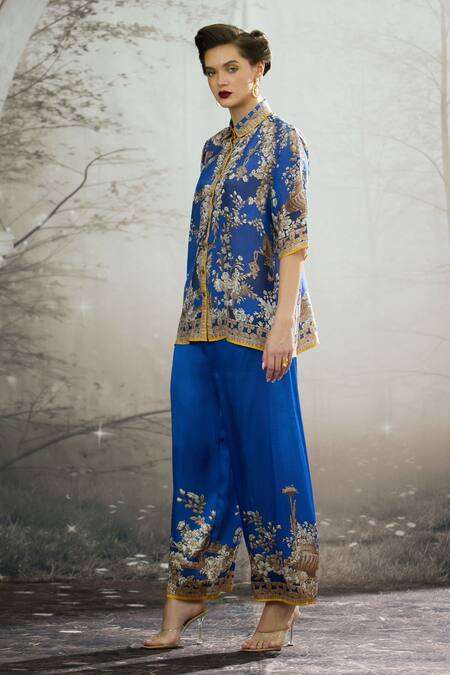 Shop_Rajdeep Ranawat_Blue Silk Collared Maizah Regal Floral Print Short Tunic _Online_at_Aza_Fashions