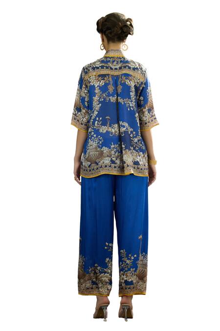 Buy_Rajdeep Ranawat_Blue Silk Collared Maizah Regal Floral Print Short Tunic 