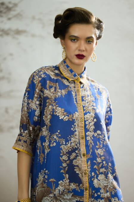 Shop_Rajdeep Ranawat_Blue Silk Collared Maizah Regal Floral Print Short Tunic 