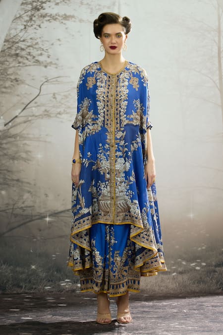 Rajdeep Ranawat_Blue Silk Embroidery Round Neck Caprice Regal Floral Print Cape Tunic _Online_at_Aza_Fashions