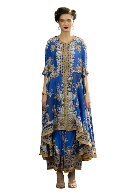 Buy_Rajdeep Ranawat_Blue Silk Embroidery Round Neck Caprice Regal Floral Print Cape Tunic _Online_at_Aza_Fashions