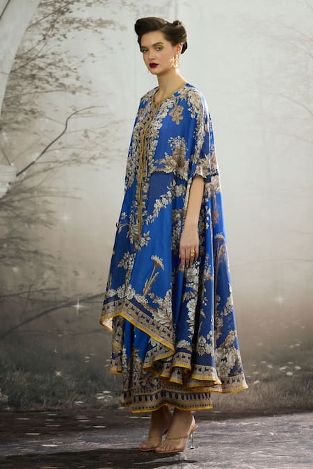 Shop_Rajdeep Ranawat_Blue Silk Embroidery Round Neck Caprice Regal Floral Print Cape Tunic _Online_at_Aza_Fashions