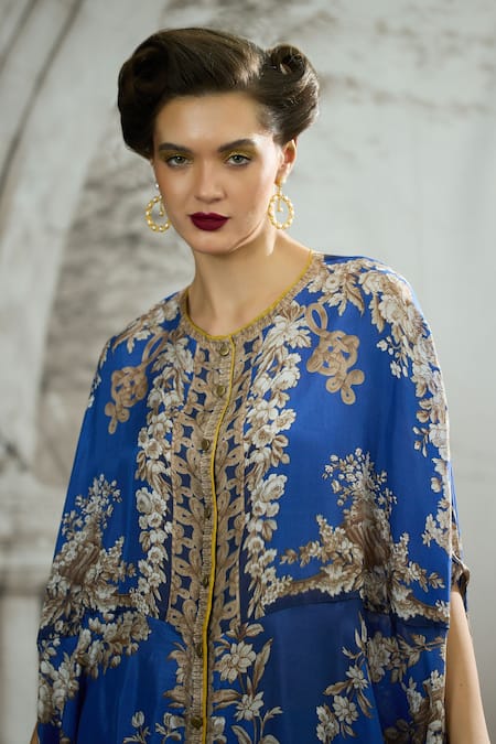 Buy_Rajdeep Ranawat_Blue Silk Embroidery Round Neck Caprice Regal Floral Print Cape Tunic 