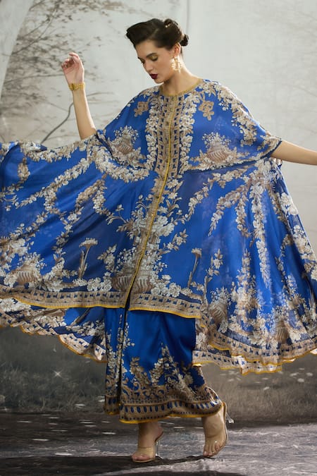 Shop_Rajdeep Ranawat_Blue Silk Embroidery Round Neck Caprice Regal Floral Print Cape Tunic 