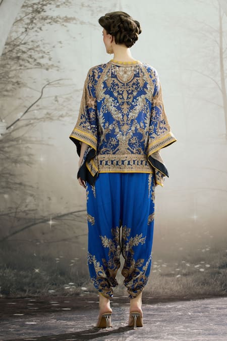 Shop_Rajdeep Ranawat_Blue Silk Embroidery Turtle Neck Ramona Floral Print Poncho Top _at_Aza_Fashions