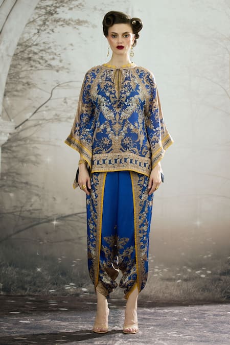 Rajdeep Ranawat_Blue Silk Embroidery Turtle Neck Ramona Floral Print Poncho Top _Online_at_Aza_Fashions