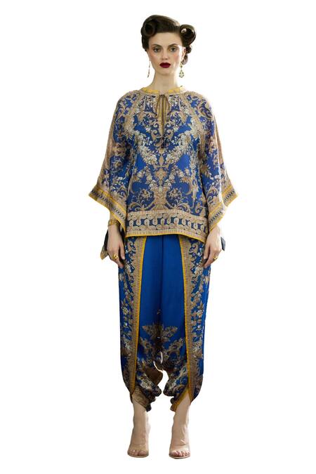 Buy_Rajdeep Ranawat_Blue Silk Embroidery Turtle Neck Ramona Floral Print Poncho Top _Online_at_Aza_Fashions