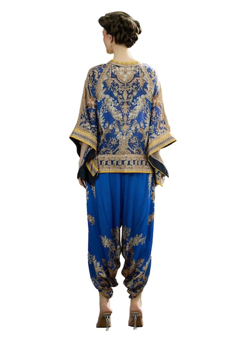 Rajdeep Ranawat_Blue Silk Embroidery Turtle Neck Ramona Floral Print Poncho Top _at_Aza_Fashions