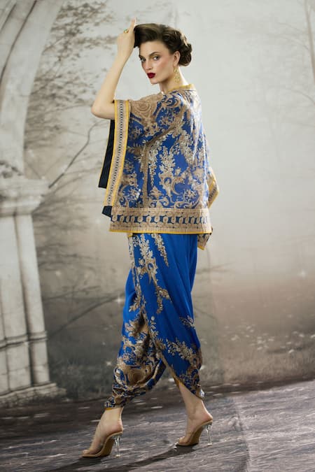 Shop_Rajdeep Ranawat_Blue Silk Embroidery Turtle Neck Ramona Floral Print Poncho Top 