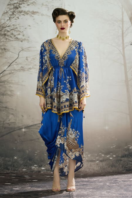 Shop_Rajdeep Ranawat_Blue Silk Embroidery V-neck Parma Regal Floral Print Peplum Tunic _at_Aza_Fashions