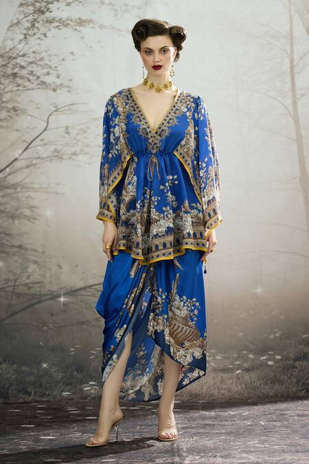 Shop_Rajdeep Ranawat_Blue Silk Embroidery V-neck Parma Regal Floral Print Peplum Tunic _Online_at_Aza_Fashions