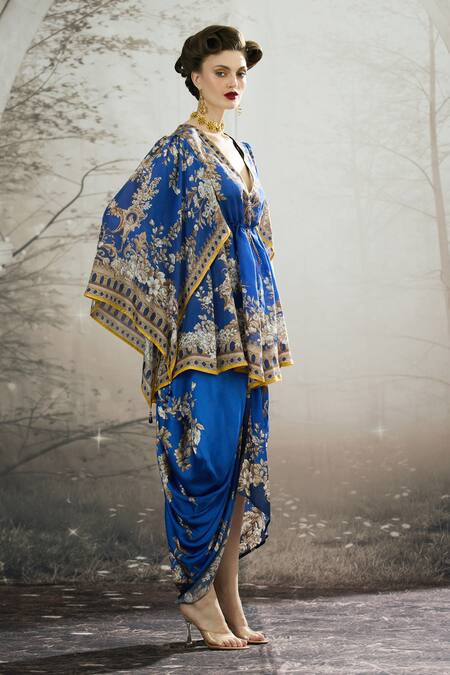 Buy_Rajdeep Ranawat_Blue Silk Embroidery V-neck Parma Regal Floral Print Peplum Tunic 