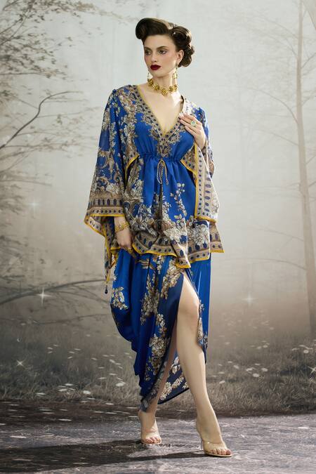 Shop_Rajdeep Ranawat_Blue Silk Embroidery V-neck Parma Regal Floral Print Peplum Tunic 