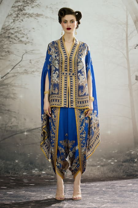 Buy_Rajdeep Ranawat_Blue Chloe Regal Floral Print Cape _Online_at_Aza_Fashions