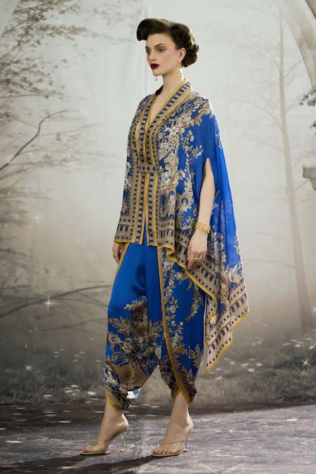 Shop_Rajdeep Ranawat_Blue Chloe Regal Floral Print Cape _Online_at_Aza_Fashions
