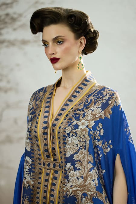 Shop_Rajdeep Ranawat_Blue Chloe Regal Floral Print Cape 