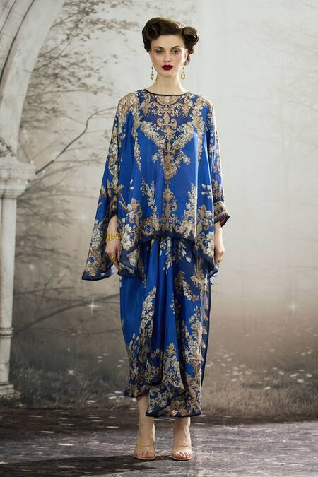Rajdeep Ranawat_Blue Silk Embroidery Round Neck Colette Floral Print Tunic With Draped Skirt _Online_at_Aza_Fashions