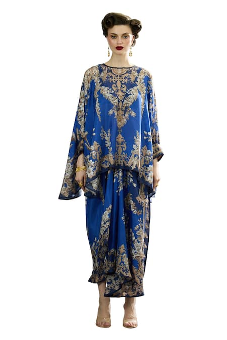 Buy_Rajdeep Ranawat_Blue Silk Embroidery Round Neck Colette Floral Print Tunic With Draped Skirt _Online_at_Aza_Fashions