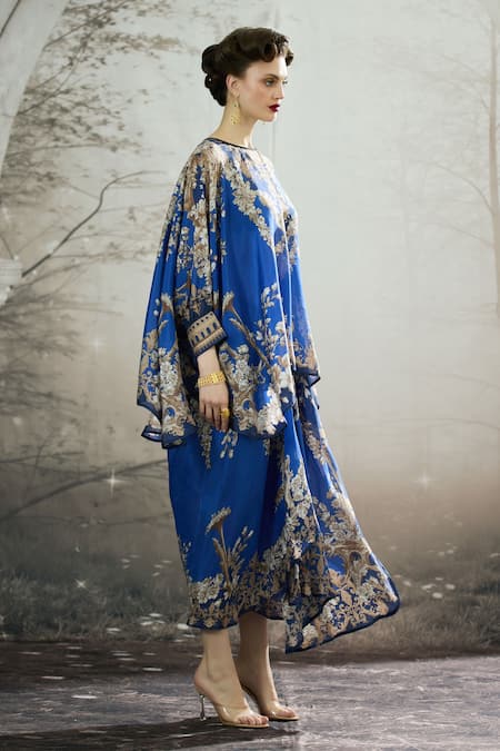 Shop_Rajdeep Ranawat_Blue Silk Embroidery Round Neck Colette Floral Print Tunic With Draped Skirt _Online_at_Aza_Fashions