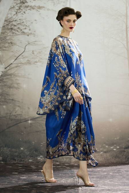 Rajdeep Ranawat_Blue Silk Embroidery Round Neck Colette Floral Print Tunic With Draped Skirt _at_Aza_Fashions