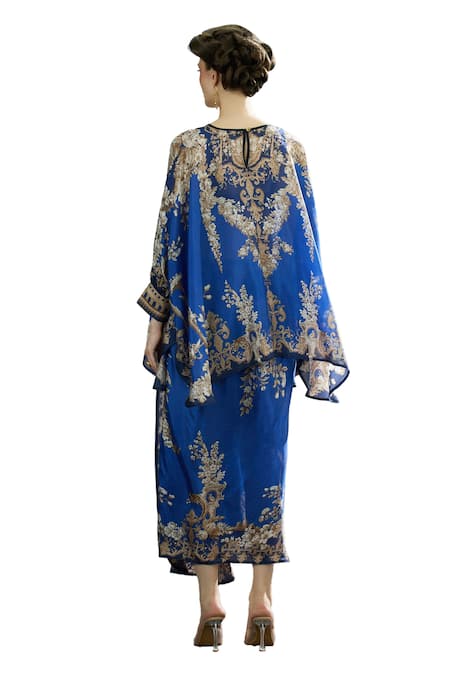 Buy_Rajdeep Ranawat_Blue Silk Embroidery Round Neck Colette Floral Print Tunic With Draped Skirt 