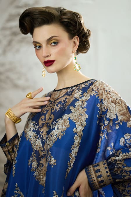Shop_Rajdeep Ranawat_Blue Silk Embroidery Round Neck Colette Floral Print Tunic With Draped Skirt 