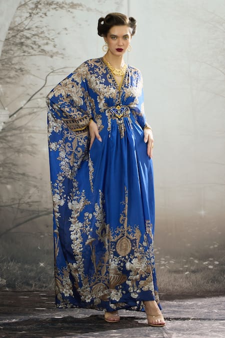 Rajdeep Ranawat Blue Silk Print Regal Floral V Neck Imama Kaftan