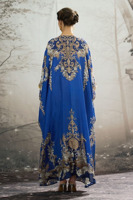 Shop_Rajdeep Ranawat_Blue Silk Embroidery V-neck Imama Regal Floral Print Kaftan _at_Aza_Fashions