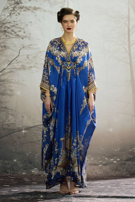 Rajdeep Ranawat_Blue Silk Embroidery V-neck Imama Regal Floral Print Kaftan _Online_at_Aza_Fashions