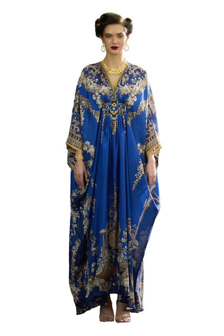 Buy_Rajdeep Ranawat_Blue Silk Embroidery V-neck Imama Regal Floral Print Kaftan _Online_at_Aza_Fashions