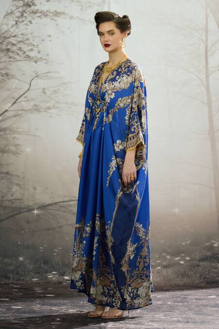 Shop_Rajdeep Ranawat_Blue Silk Embroidery V-neck Imama Regal Floral Print Kaftan _Online_at_Aza_Fashions