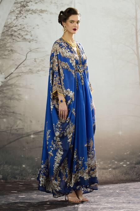 Rajdeep Ranawat_Blue Silk Embroidery V-neck Imama Regal Floral Print Kaftan _at_Aza_Fashions