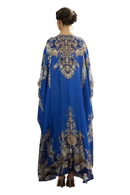Buy_Rajdeep Ranawat_Blue Silk Embroidery V-neck Imama Regal Floral Print Kaftan 